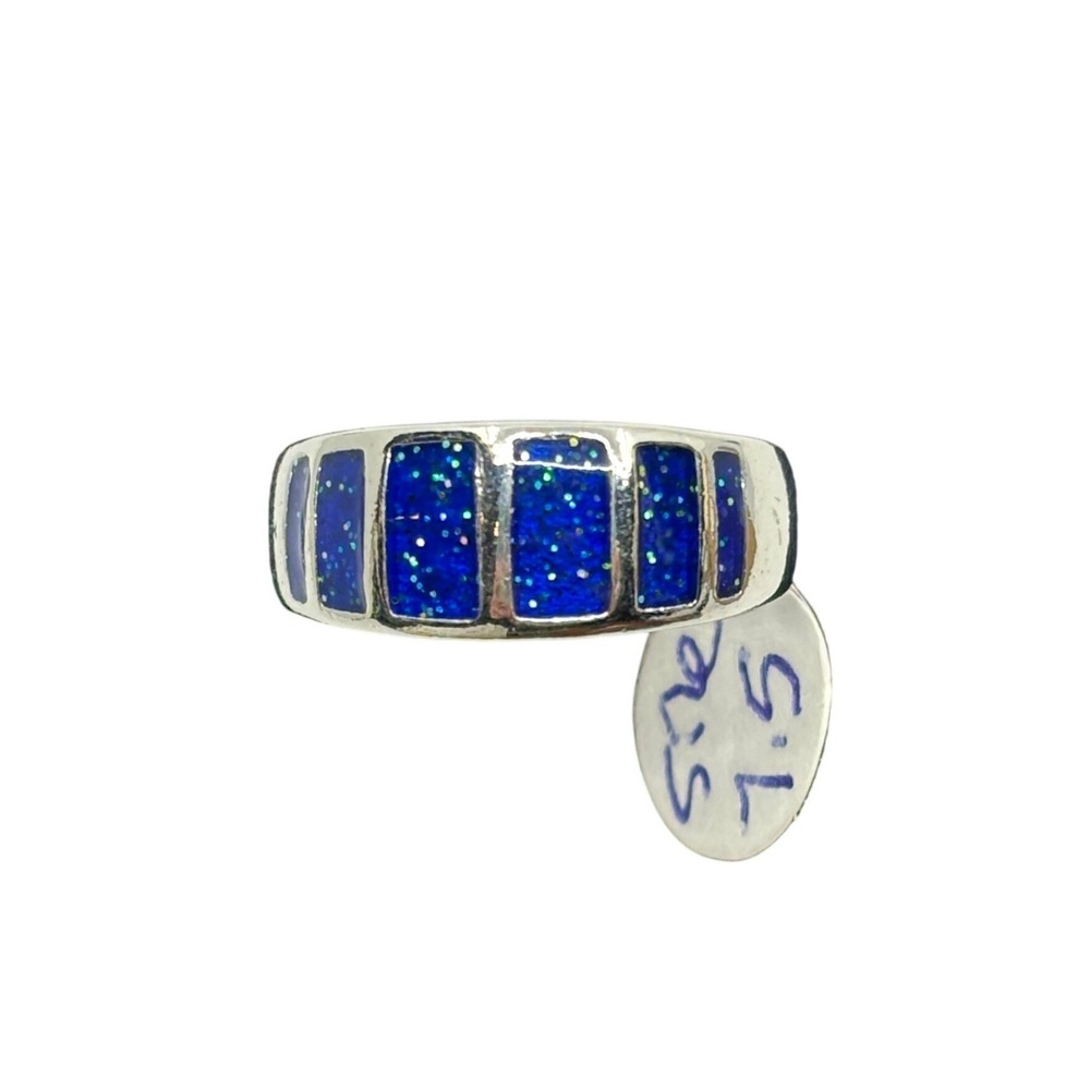 Sterling Silver 925 Blue Stone Inlay Geometric Band Ring‎ Size 7.5